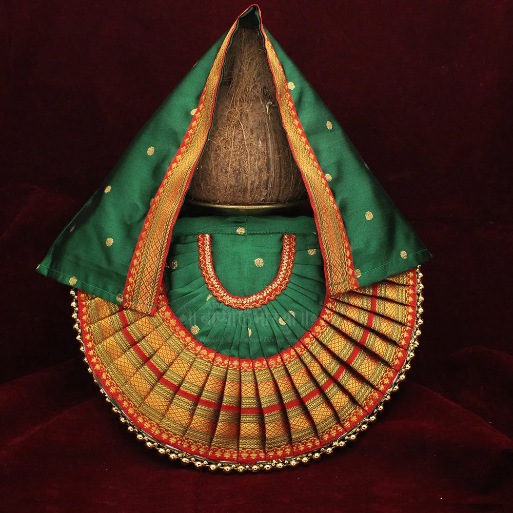 7ADD7 Rajnandani Mahalaxmi Devi Dress Poshak | Green Colour Kolhapur Ambabai Style Goddess Vastra | Lakshmi Durga Idol Shringar for Daily Puja & Festivals (7 Inch) (राजनंदिनी महालक्ष्मी देवी ड्रेस पोशाख ) - Image 1