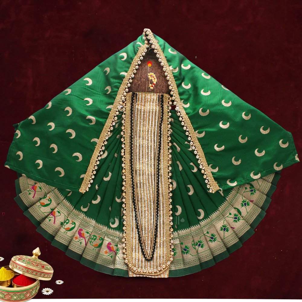 12AKDD6 Karveer Nivasini Mahalaxmi Devi Dress | Traditional Ambabai Kolhapur Poshak for Goddess Idol | Kalash Sthapana Margashirsh Navratri Guruvar Vratam Puja Traditional Dress Poshak for Devi Maa (12 Inch) ( करवीर निवासिनी महालक्ष्मी देवी वेशभूषा | देवीच्या मूर्तीसाठी पारंपारिक अंबाबाई कोल्हापूर पोशाख ) - Image 1