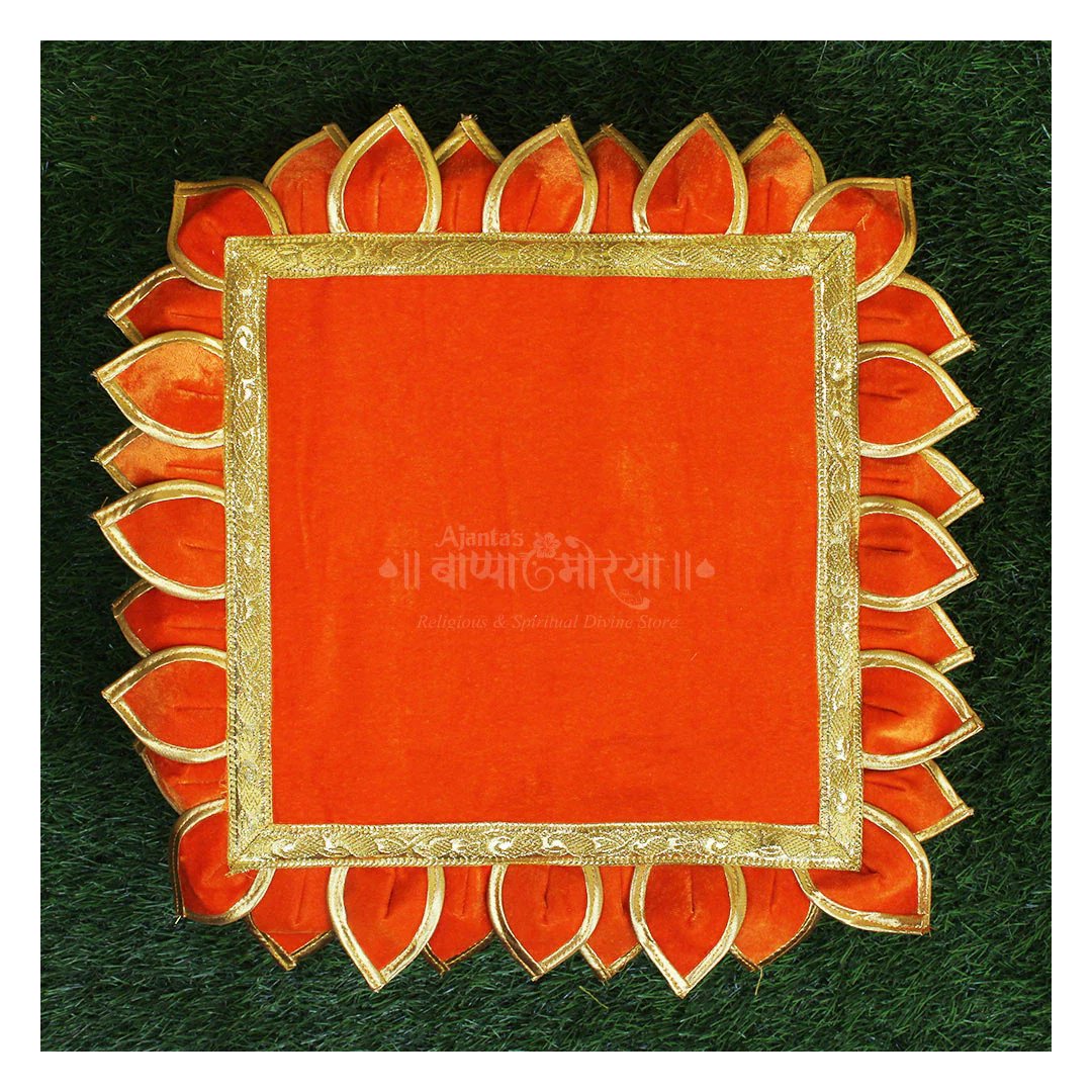 ACA1 Lotus Velvet Chaurang Aasan (18 Inch Outer) | Pooja Chowki Cloth Mat for Diya, Kalash & Idol Placement | Mandir Aasan for Home Temple | Orange with Golden Border (18 Inch ) (कमळ-मखमली चौरंग आसन) - Image 1