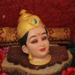 Dhanshree Dhanalaxmi Mahalaxmi Devi Face Mukhota धनश्री महालक्ष्मी वरलक्ष्मी देवी फेस देवी मुखवटा Golden Fiber Goddess LakshmiPujan Shringar for Home Mandir, Margashirsha Guruvar Puja (Devi Mukh Height is: 6.5 Inches) - Image 2