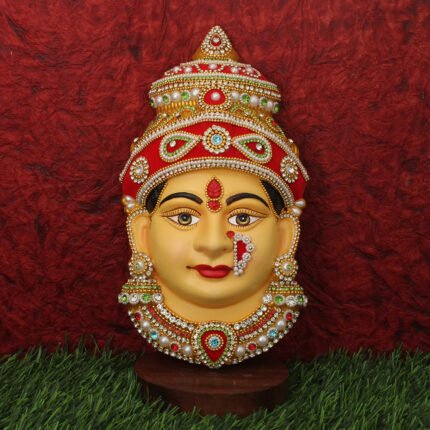 Padmalaxmi Devi Face (Big )for Puja Traditional Goddess Poshak Mukhovta with Stone Work Decoration for Lakshmi, Ambabai, Durga Home Mandir Pooja (Devi Mukh Height is: 9 Inches) (लक्ष्मी, अंबाबाई, दुर्गा यांच्यासाठी स्टोन सजावटीसह पारंपारिक देवी पोशाख मुखवटा पूजा करण्यासाठी पद्मलक्ष्मी देवीचा चेहरा (मोठा))