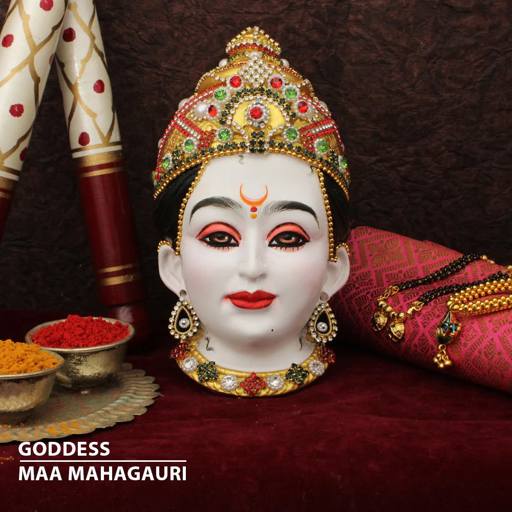 ADFM54 Maa Mahagauri Devi Face – Eighth Form of Navdurga | Handcrafted Goddess Mukhavata for Navratri Puja, Durga Puja & Home Temple (माँ महागौरी देवी मुख - नवदुर्गेचे आठवे रूप) - Image 1