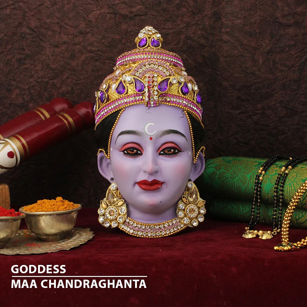 ADFM57 Chandraghanta Devi Face Idol – Third Form of Navdurga | Chandrakor Durga/Shanti Roopini Face Mukhavata for Puja Decoration (चंद्रघंटा देवी दर्शनी मूर्ती – नवदुर्गेचे तिसरे रूप) - Image 1