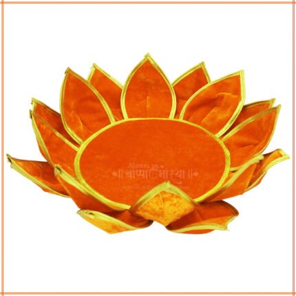 Orange Lotus Aasan for Pooja | Velvet Puja Aasan with Golden Border | 16 Inch Decorative Chowki Mat for Ganpati, Lakshmi, Devi & Temple Use (पूजेसाठी केशरी कमळ आसन)